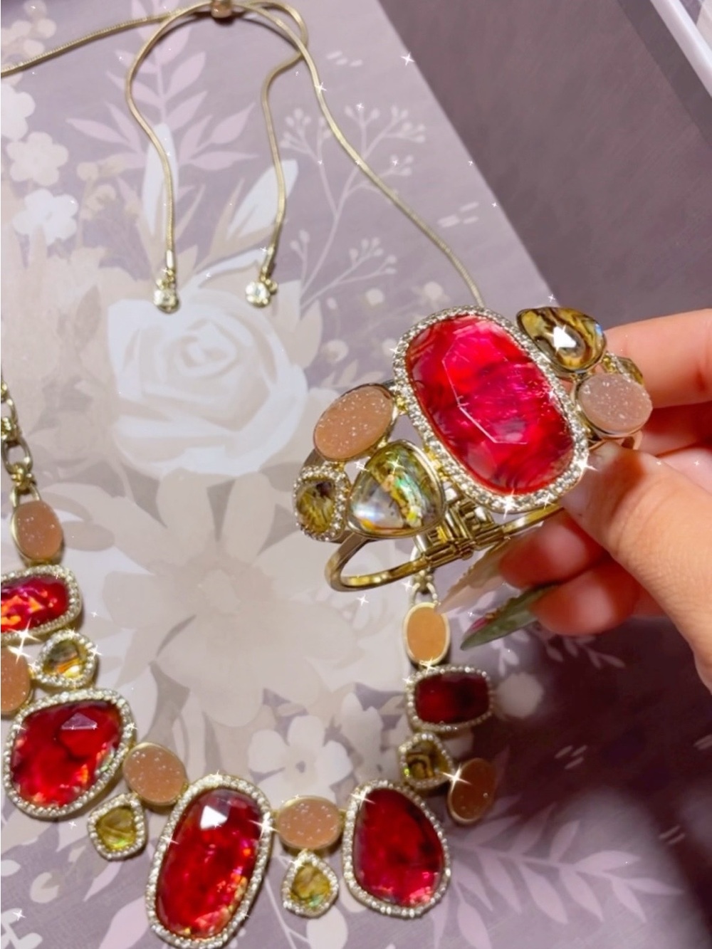 Gold-Tone Statement Necklace with Red Gemstones